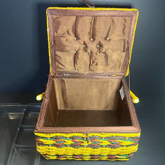 Vintage Sears Yellow & Brown Woven Wicker Hinged Lid Sewing Basket Box w/ Handle - Picture 8 of 11
